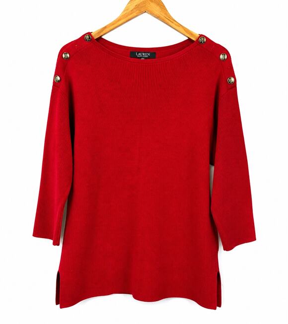 Lauren Ralph Lauren Sweaters - Lauren Ralph Lauren Ribbed Sweater Red Boat Neck Button Shoulder Women's Large
